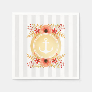 Serviette En Papier Aquarelle d'Ancre marine or à rayures florales