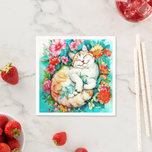 Serviette En Papier Aquarelle de chat Fleur de prairie Bliss (En situation)