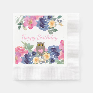 Serviette En Papier Aquarelle de Chouette rose Floral Anniversaire