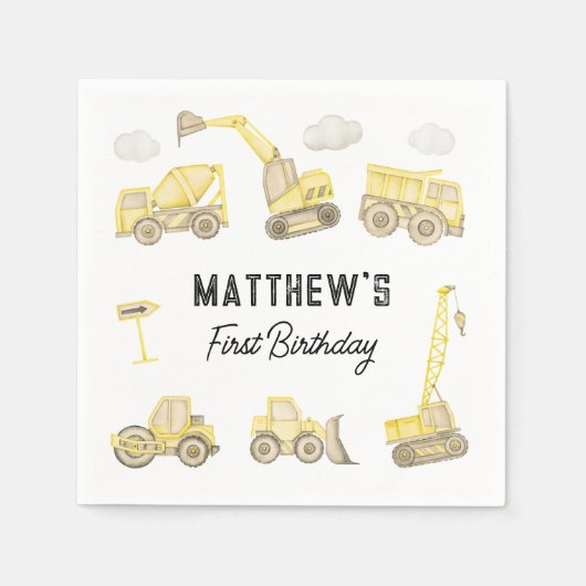 Serviette En Papier Aquarelle de construction véhicule premier anniver (Devant)