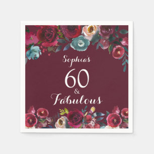 Serviette En Papier Aquarelle de la marine de Bourgogne Floral 60e ann