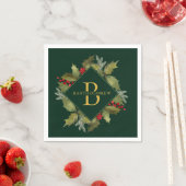 Serviette En Papier Aquarelle de Noël Gros Monogramme Holly Wreath (En situation)