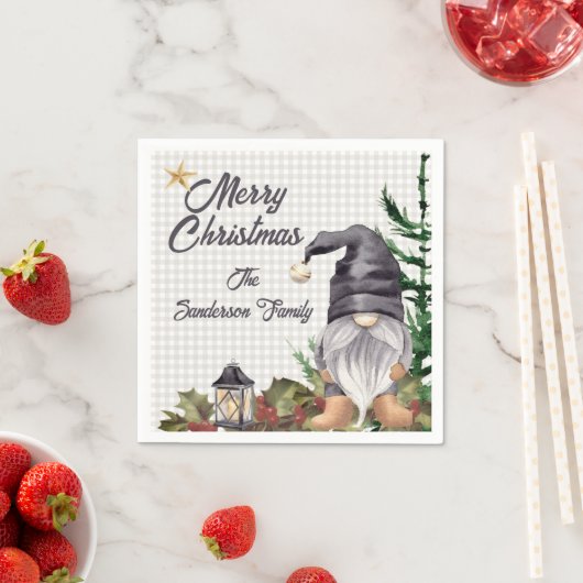 Serviette En Papier Aquarelle de Noël Monogramme Gnome (En situation)