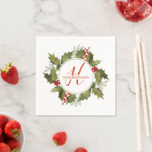 Serviette En Papier Aquarelle de Noël Monogramme Script Holly Wreath (En situation)