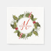 Serviette En Papier Aquarelle de Noël Monogramme Script Holly Wreath (Devant)