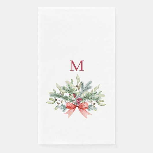 Serviette En Papier Aquarelle de Noël Vert Monogramme rouge (Devant)