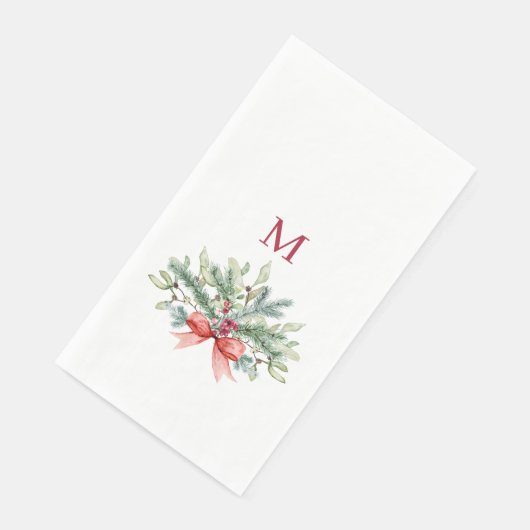 Serviette En Papier Aquarelle de Noël Vert Monogramme rouge (Coin)