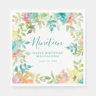 Serviette En Papier Aquarelle d'été Floral 19e Anniversaire Personnali