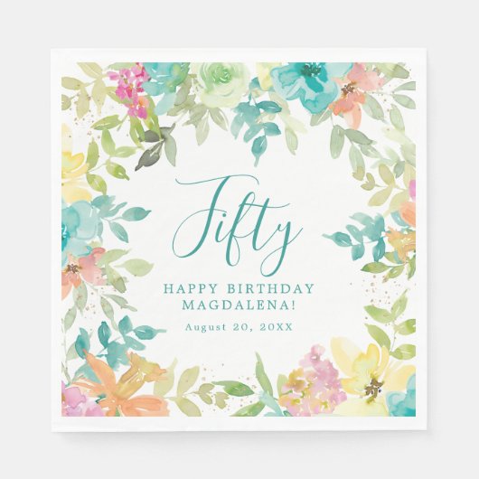 Serviette En Papier Aquarelle d'été Floral Custom 50e anniversaire (Devant)