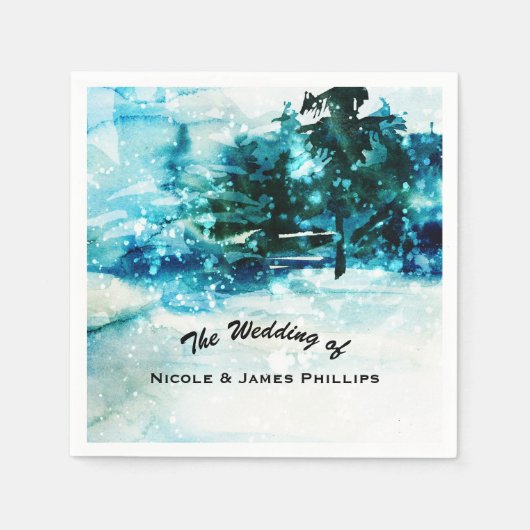 Serviette En Papier Aquarelle d'hiver Snowy Forest Pine Trees Mariage (Devant)