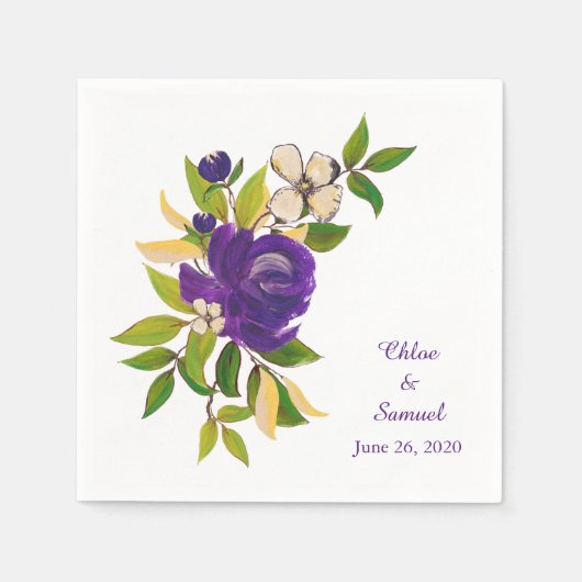 Serviette En Papier Aquarelle d'or violet Mariage personnalisé (Devant)