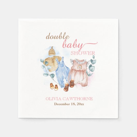 Serviette En Papier Aquarelle double Baby shower bleu rose (Devant)