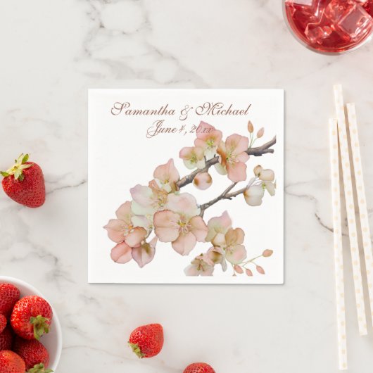 Serviette En Papier Aquarelle douce orange rose vert fleurs d'arbre (En situation)