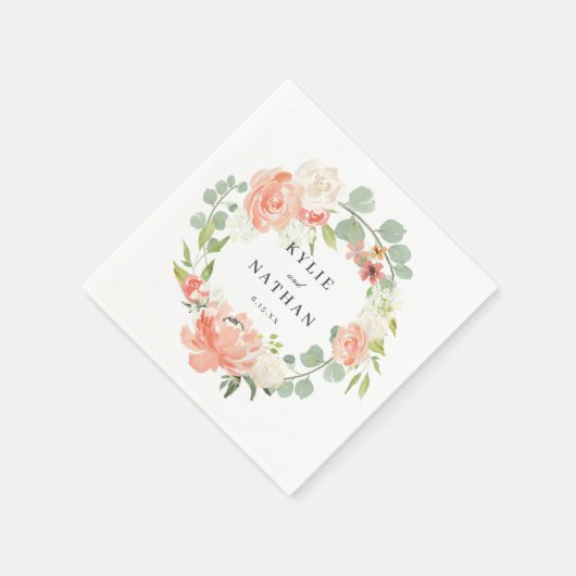Serviette En Papier Aquarelle Douce Peach Floral Mariage Réception (Coin)