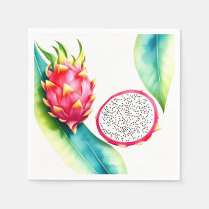 Serviette En Papier Aquarelle Dragon Fruit en Gras Couleurs sur Blanc