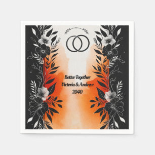 Serviette En Papier Aquarelle dramatique Mariage Floral Orange Noir