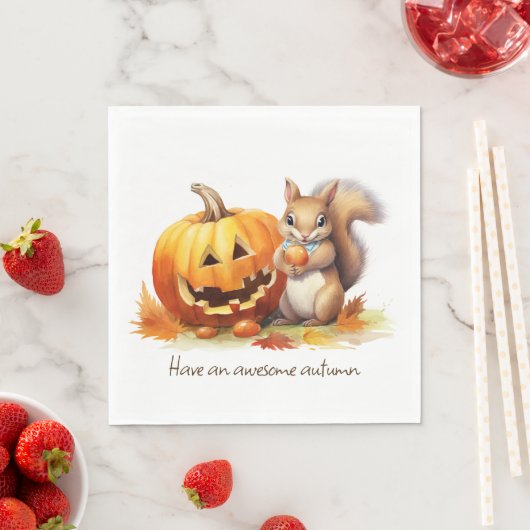 Serviette En Papier Aquarelle Écureuil d'automne avec Jack-o-lanterne (En situation)