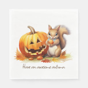Serviette En Papier Aquarelle Écureuil d'automne avec Jack-o-lanterne