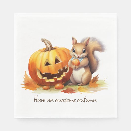Serviette En Papier Aquarelle Écureuil d'automne avec Jack-o-lanterne (Devant)