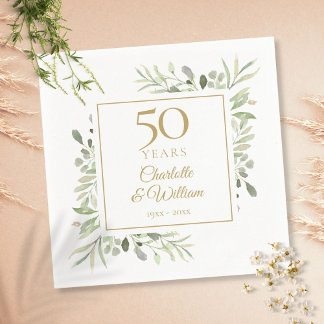 Serviette En Papier Aquarelle Élégance Verdure Or 50e Anniversaire
