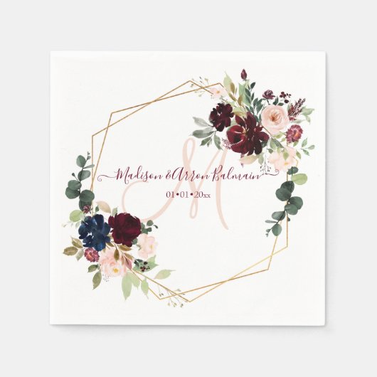 Serviette En Papier Aquarelle Élégante Fleur Broussaillée Bourgogne Mo (Devant)