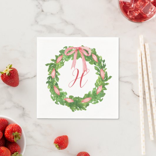 Serviette En Papier Aquarelle en arc rayé Wreath Monogramme de Noël (En situation)