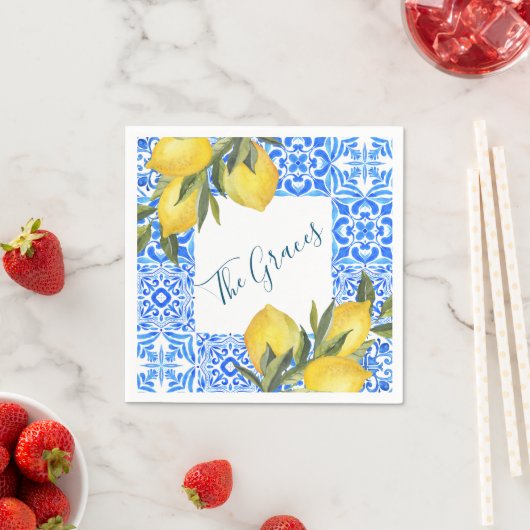 Serviette En Papier Aquarelle en mosaïque toscane avec citron (En situation)
