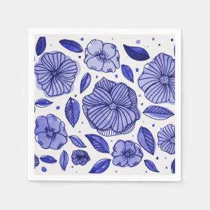Serviette En Papier Aquarelle et fleurs d'encre - palette bleue