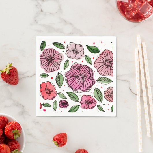 Serviette En Papier Aquarelle et fleurs d'encre - rose et vert (En situation)