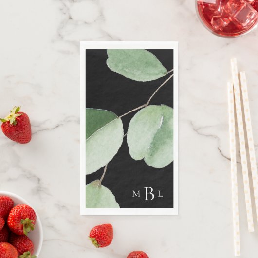 Serviette En Papier Aquarelle Eucalyptus Bold Monogramme noir (En situation)