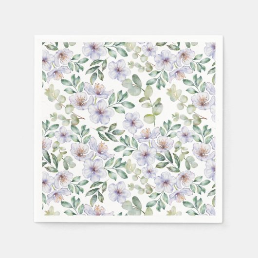 Serviette En Papier Aquarelle Eucalyptus & Motif de fleurs pourpres (Devant)