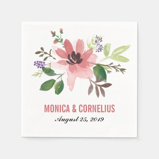 Serviette En Papier Aquarelle Fleur rose | Réception de mariage (Devant)