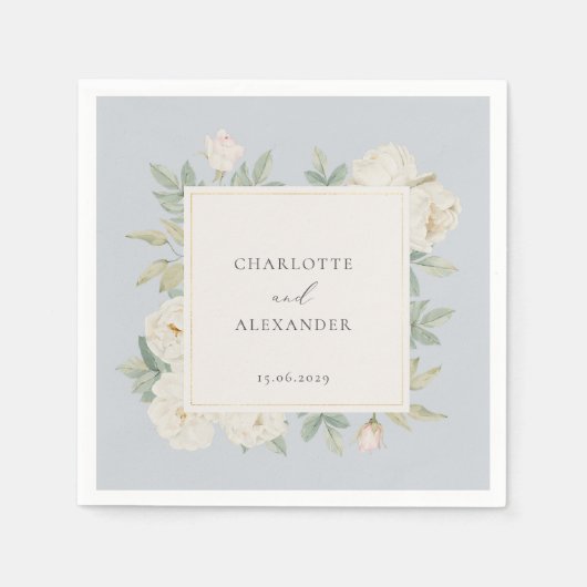 Serviette En Papier Aquarelle fleurs blanches, bleu clair mariage (Devant)