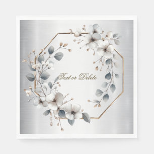 Serviette En Papier Aquarelle Fleurs blanches Cadre doré Argent Turquo