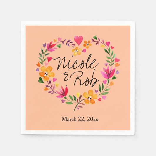 Serviette En Papier Aquarelle Fleurs Coeur Mariage de couronne | pêche (Devant)