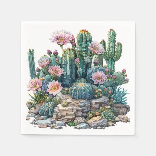 Serviette En Papier Aquarelle fleurs du désert cactus. (Devant)