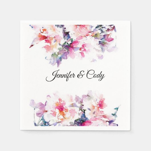 Serviette En Papier Aquarelle Fleurs Mariage Ajouter des noms Cocktail (Devant)