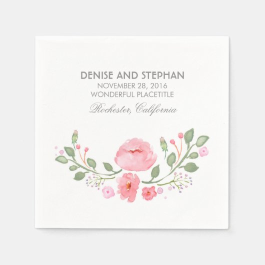 Serviette En Papier Aquarelle Fleurs Mariage romantique (Devant)