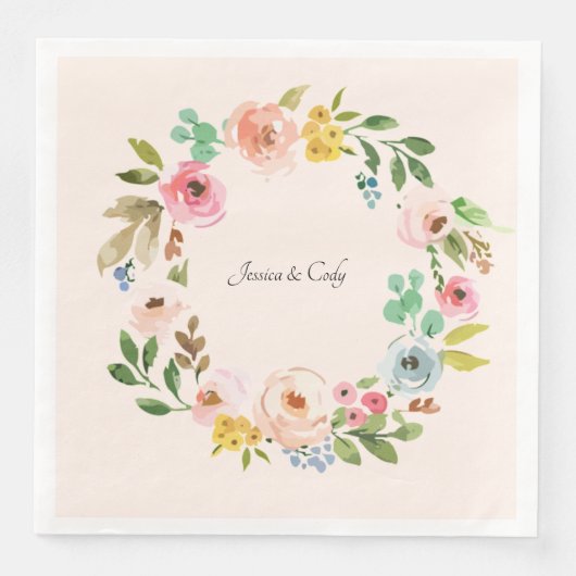 Serviette En Papier Aquarelle Fleurs Noms Mariage Dîner Taille (Devant)
