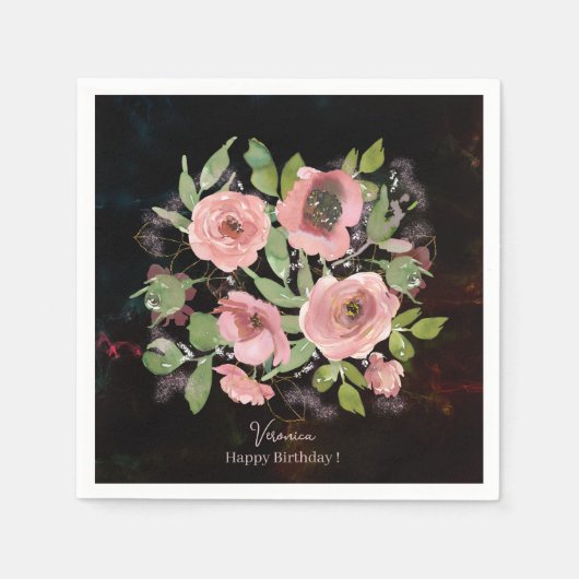 Serviette En Papier Aquarelle Fleurs roses sur Noir (Devant)