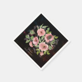 Serviette En Papier Aquarelle Fleurs roses sur Noir (Coin)