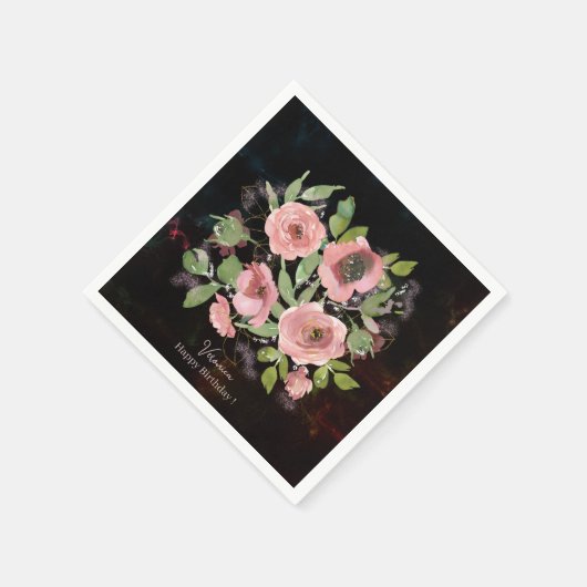 Serviette En Papier Aquarelle Fleurs roses sur Noir (Coin)