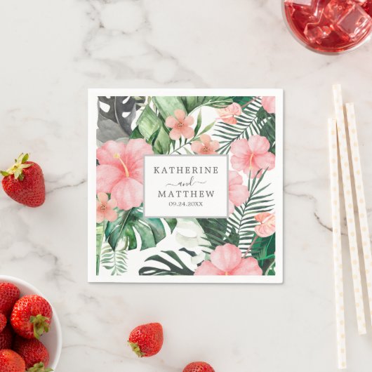 Serviette En Papier Aquarelle Fleurs tropicales Verdure Mariage blanc (En situation)