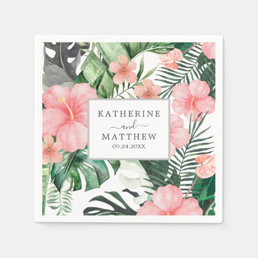 Serviette En Papier Aquarelle Fleurs tropicales Verdure Mariage blanc (Devant)