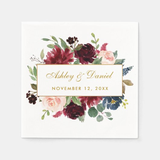 Serviette En Papier Aquarelle Floral Bourgogne Bleu Or Mariage Blanc (Devant)
