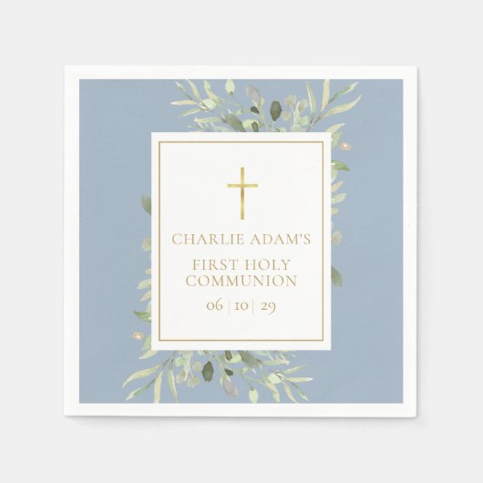 Serviette En Papier Aquarelle Floral Dusty Bleu Première Sainte Commun (Devant)