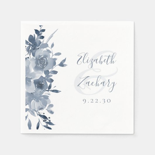 Serviette En Papier Aquarelle Floral Dusty Mariage bleu (Devant)