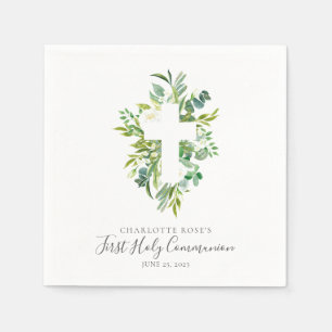 Serviette En Papier Aquarelle Floral Greens Cross Holy Communion