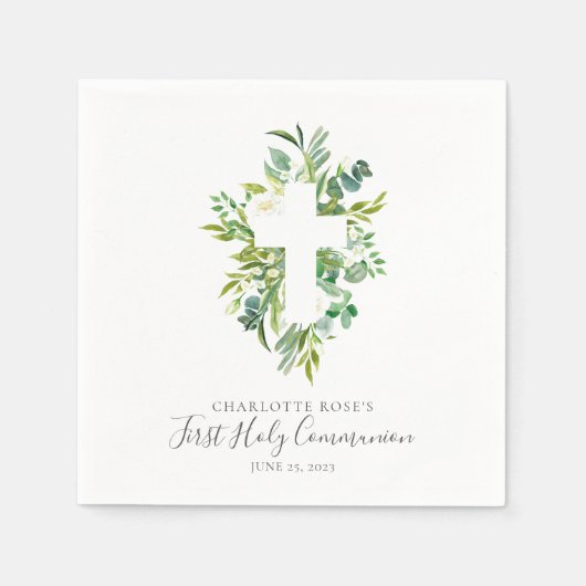 Serviette En Papier Aquarelle Floral Greens Cross Holy Communion (Devant)