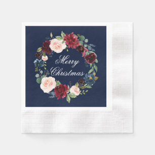 Serviette En Papier Aquarelle Floral Joyeux Noël Bleu Cocktail